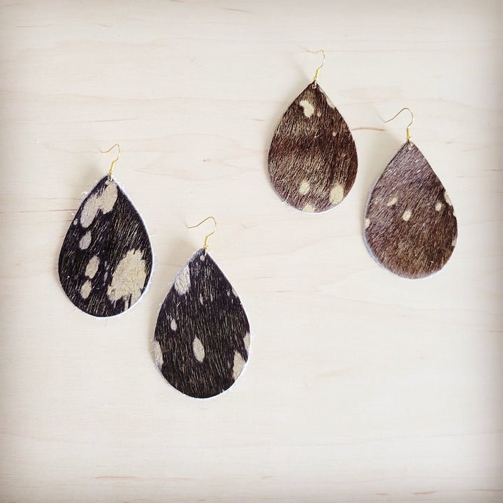 Teardrop cowhide earrings set of three pairs in dark brown and white speckle