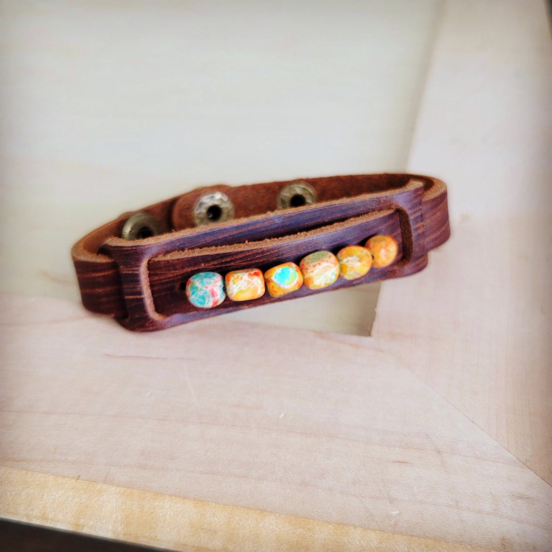 Brown leather narrow cuff bracelet with sunrise Regalite opal-like stone chunks