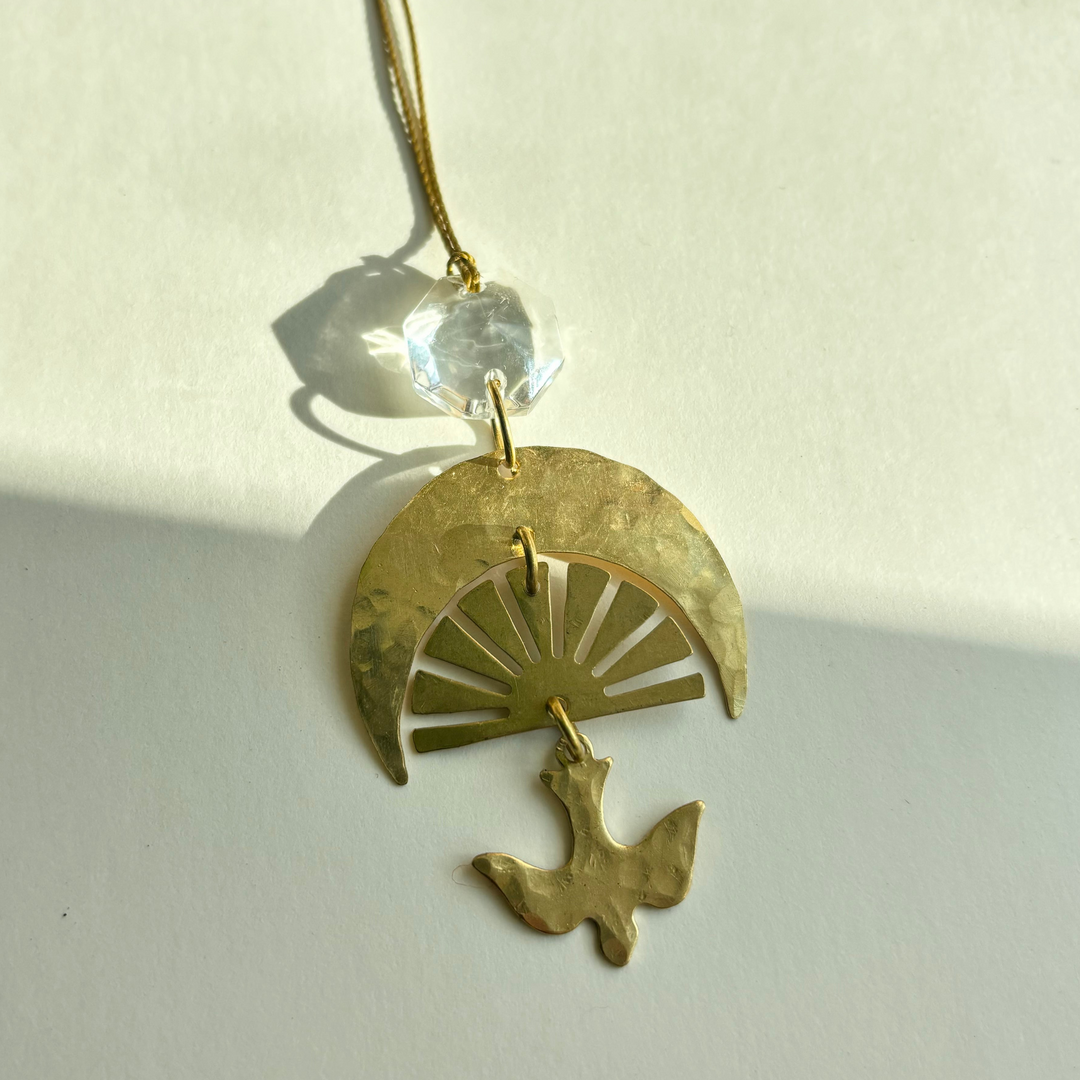 Gold fan and bird glass crystal hanging ornament with gold chain and hooks
