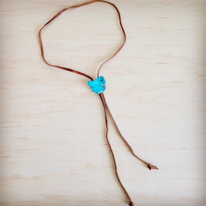 Brown leather lariat necklace with blue Regalite slab accent and long tie ends