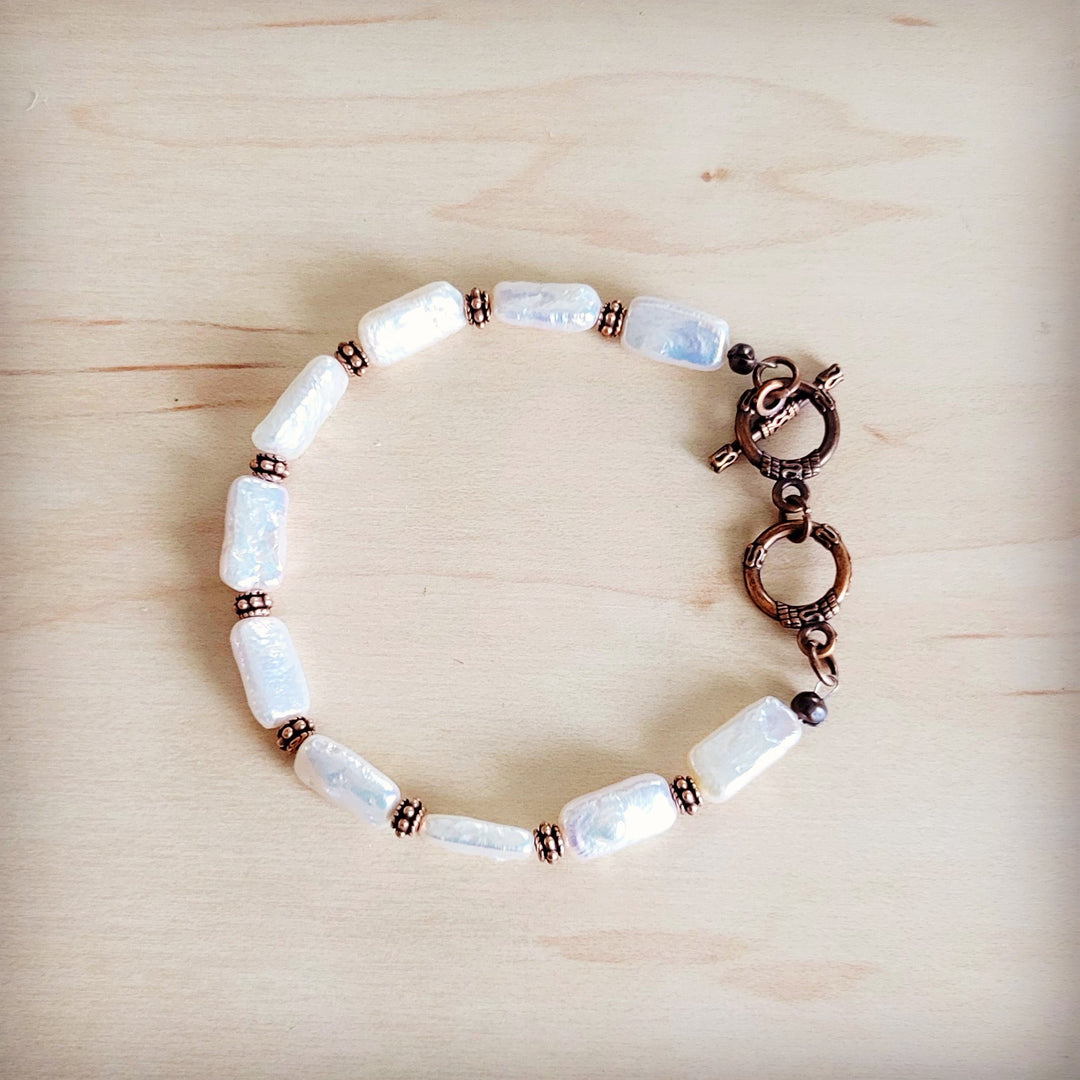 Freshwater pearl rectangle bead bracelet with copper-tone hardware and chain extender
