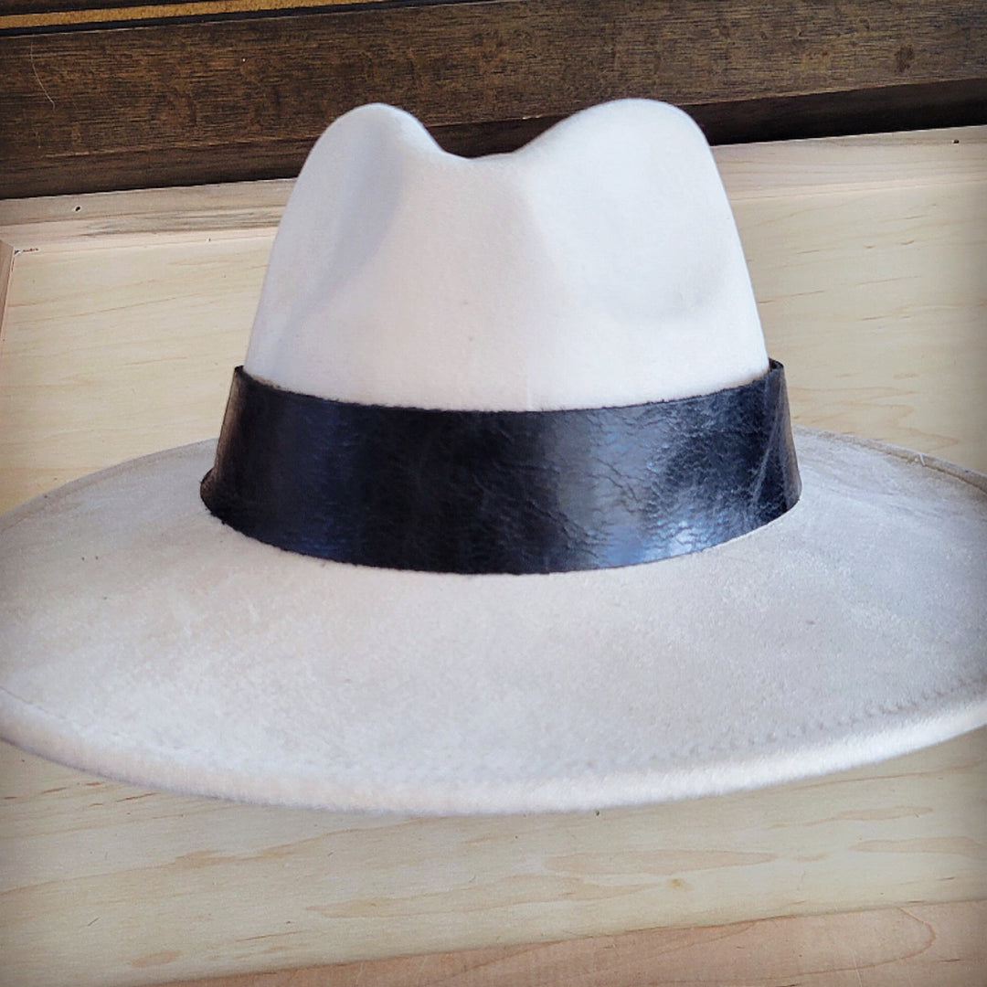 Wide black genuine leather hat band with brown underside trim
