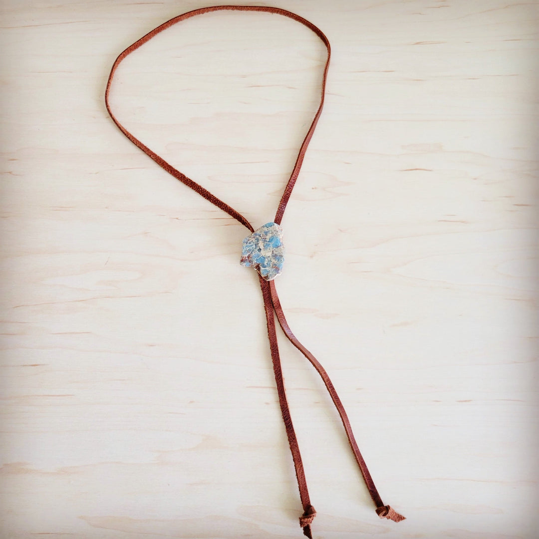 Brown leather lariat necklace with blue aqua stone slab pendant and tie ends