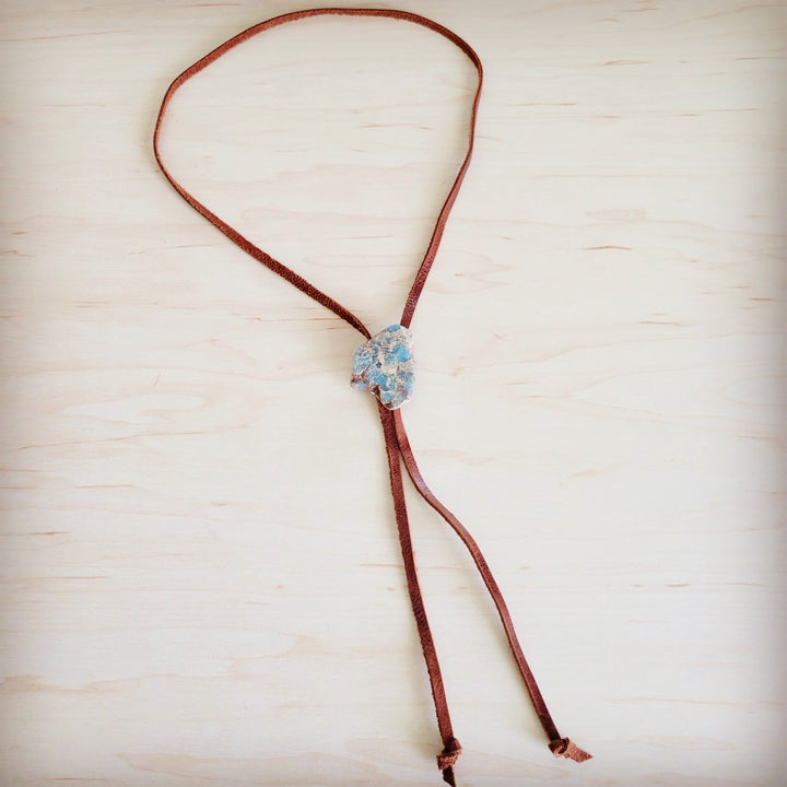 Brown leather lariat necklace with blue aqua stone slab pendant and tie ends