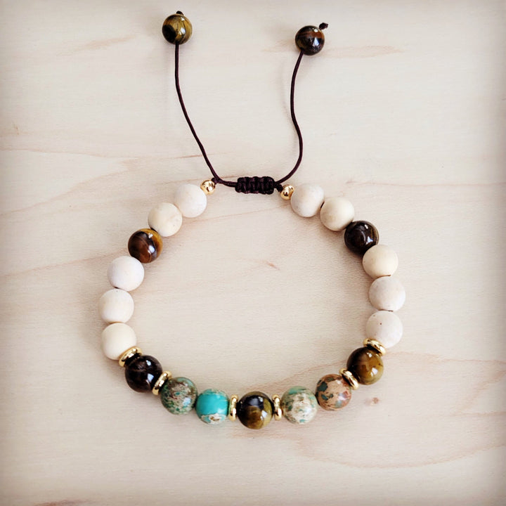 Beaded gemstone bracelet with white round beads, dark brown tiger-eye and turquoise beads