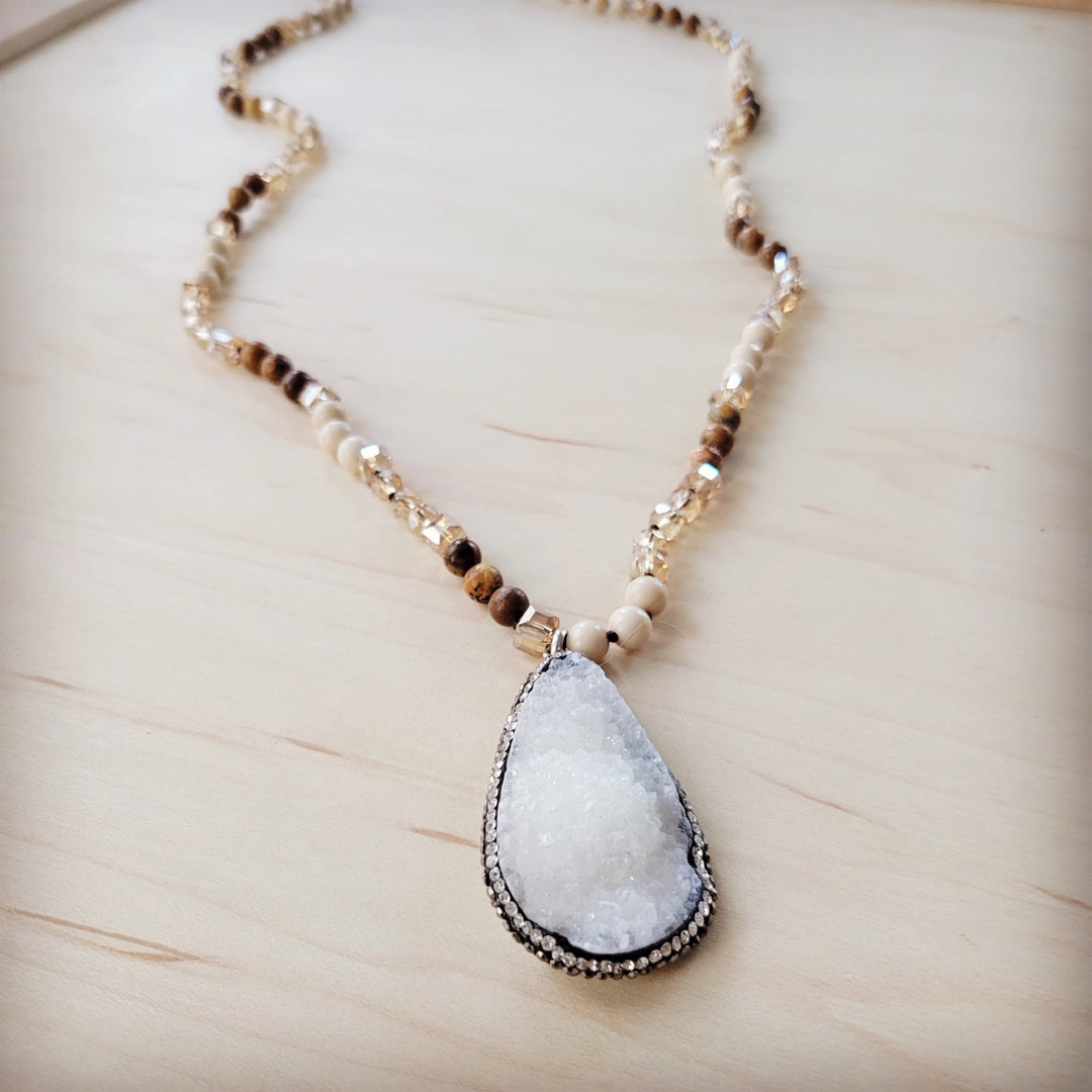 Picture jasper beaded necklace with light blue druzy teardrop pendant