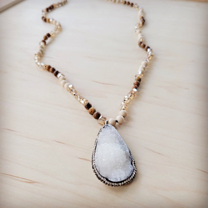 Picture jasper beaded necklace with light blue druzy teardrop pendant