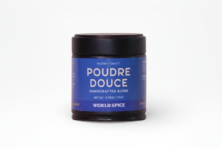 Poudre Douce spice blend jar with blue label and black lid