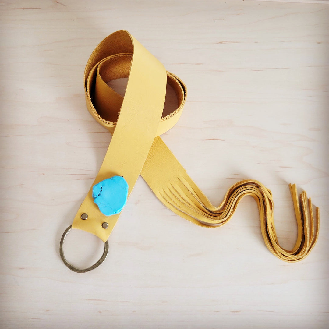 Mustard leather belt with turquoise slab accent and leather fringe tail