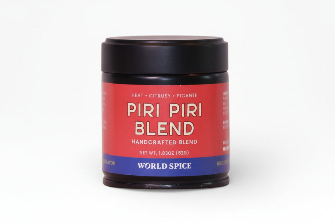 Piri piri blend spice jar with black lid and red label