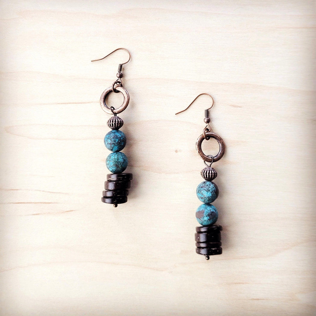 Turquoise stone and dark wood bead drop earrings on silver hooks