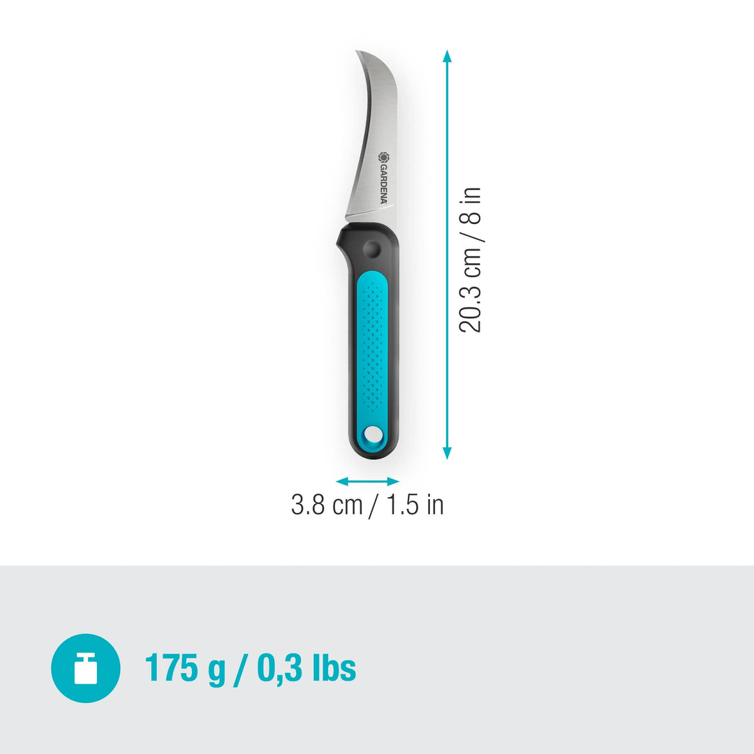 VeggieCut scissors size chart showing length 20.3 in and height 3.8 cm