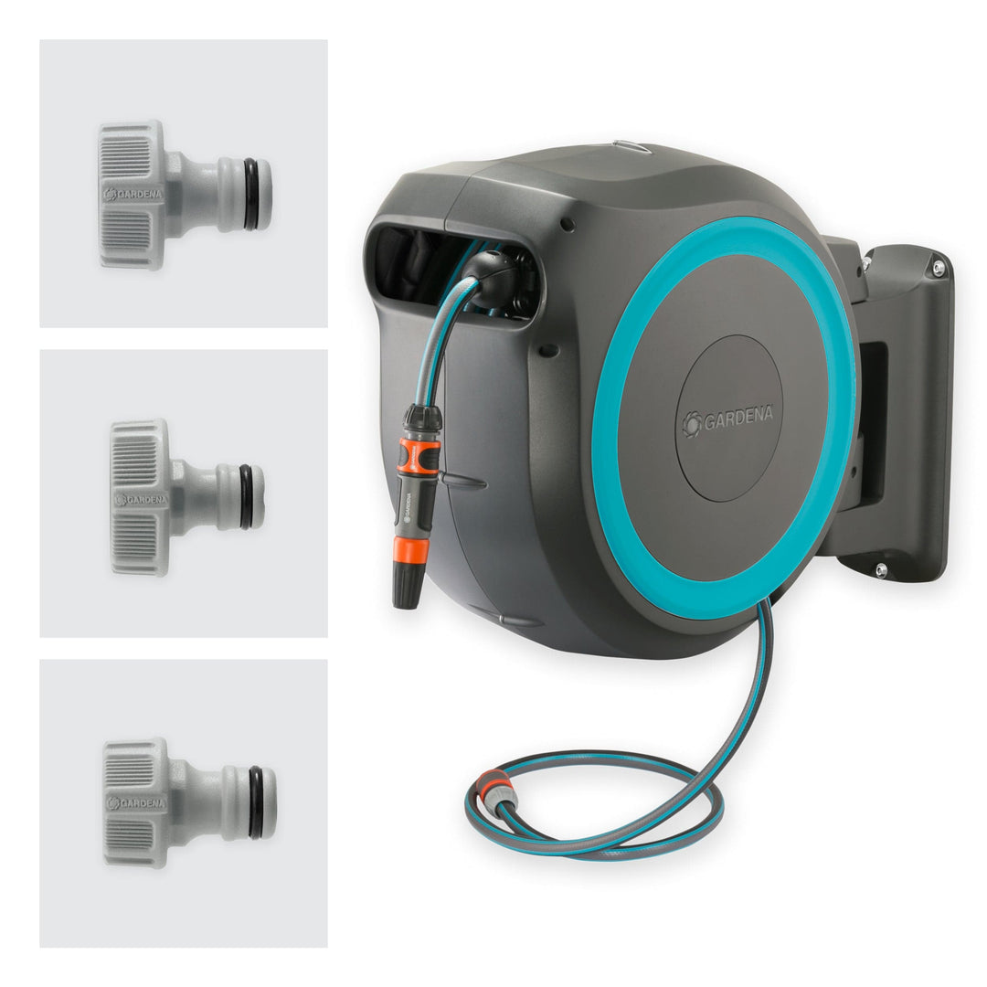 Wall-mounted hose reel with blue-rimmed face and included hose connector fittings