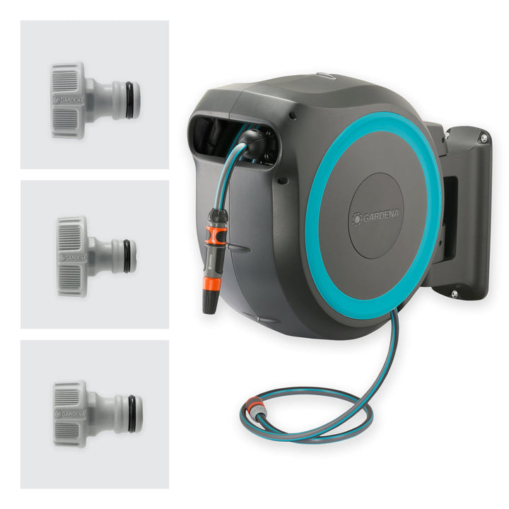 Wall-mounted hose reel with blue-rimmed face and included hose connector fittings