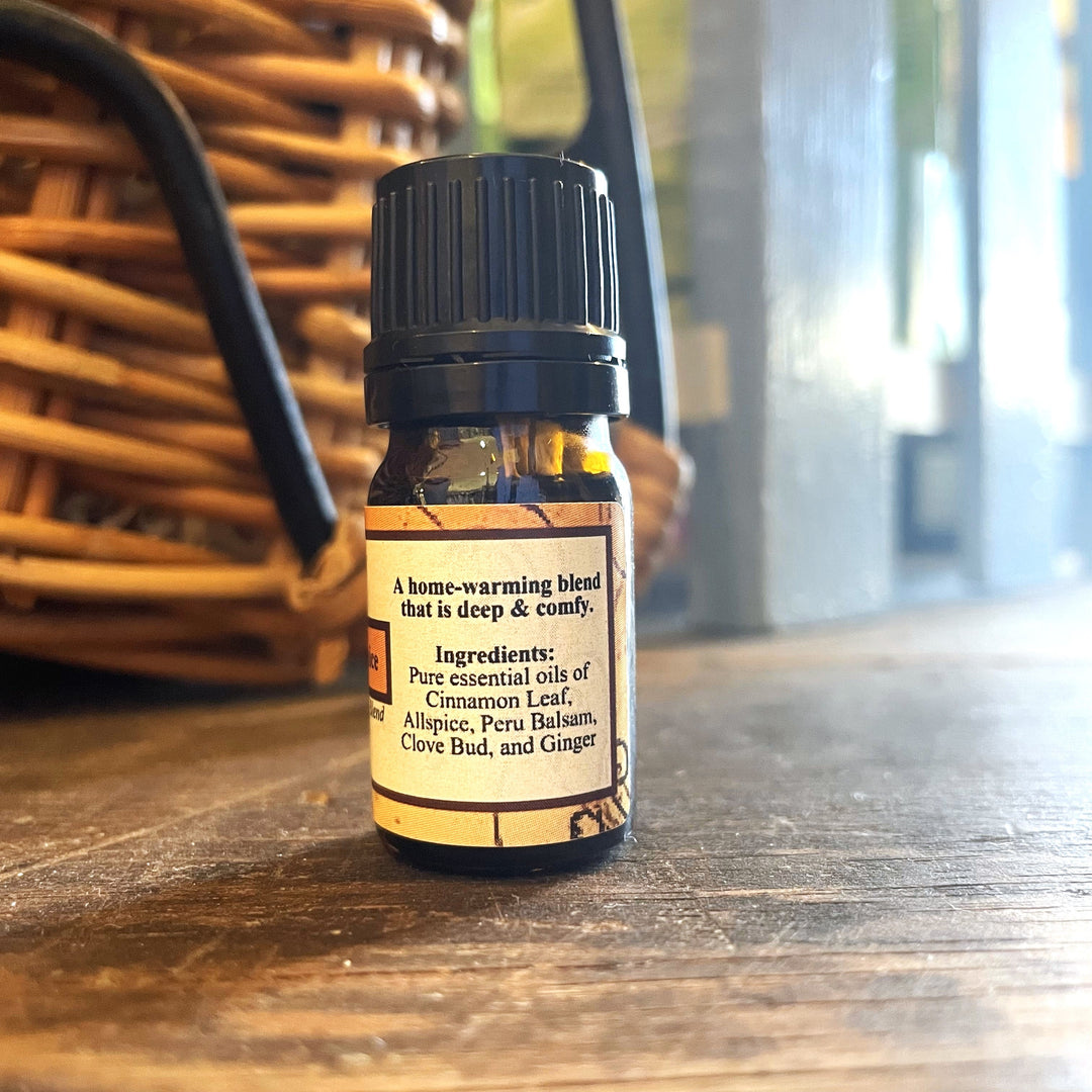 Essential oil blend bottle with back label listing ingredients, black cap, 5 ml