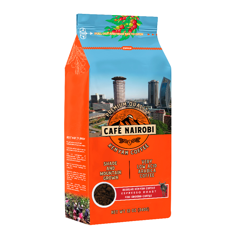 Kenyan espresso roast coffee bag showing dark roasted coffee beans, 12 oz