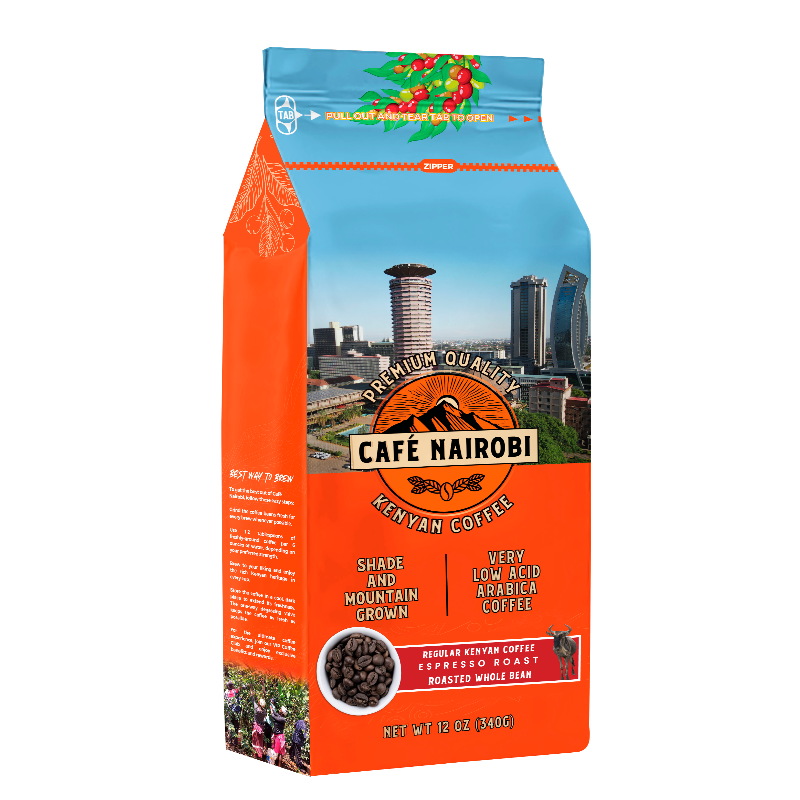 Kenyan espresso roast coffee bag with orange and teal branding, 12 oz