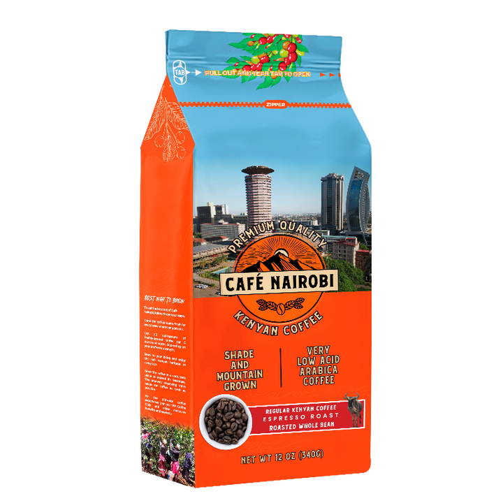 Kenyan espresso roast coffee bag with orange and teal branding, 12 oz