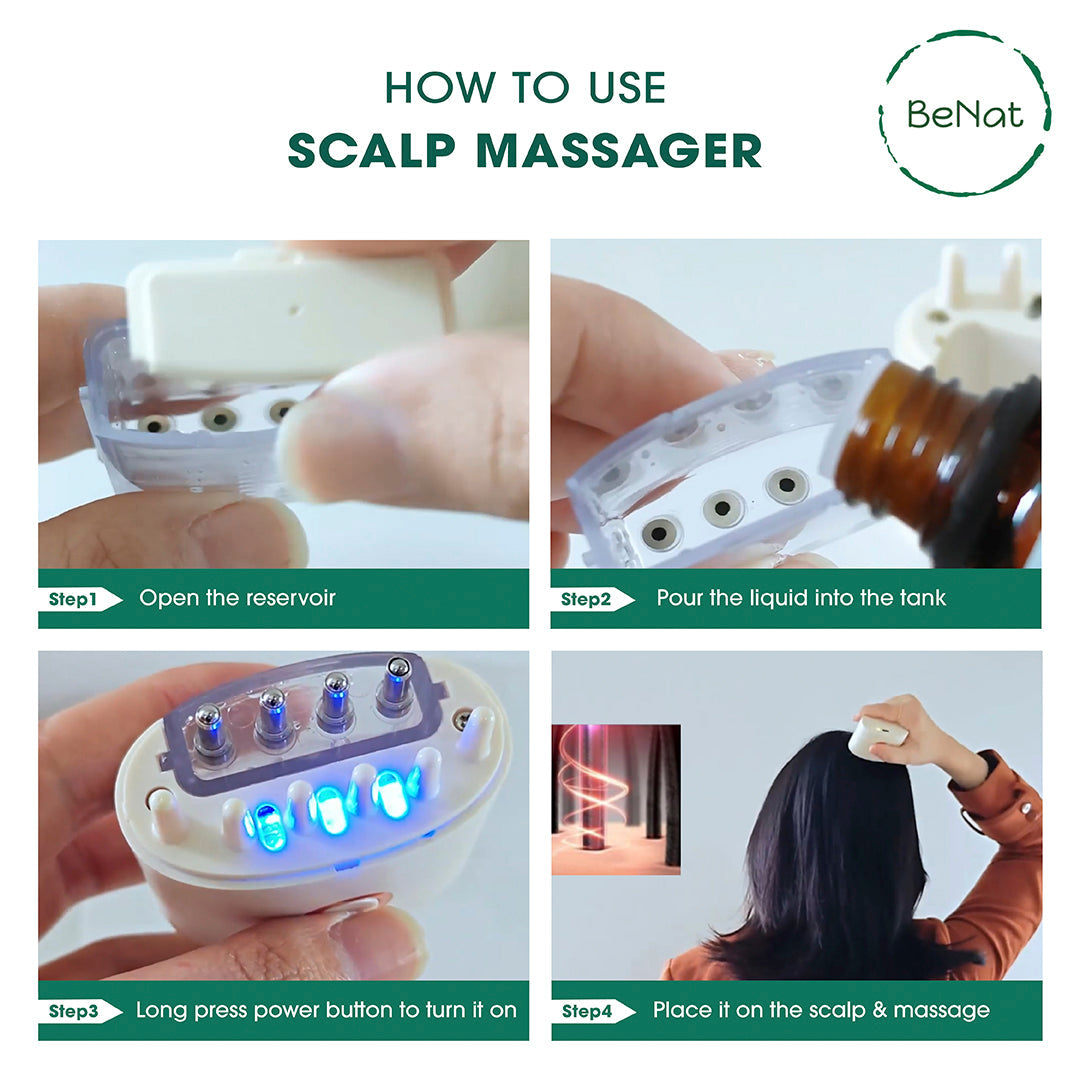 Electric scalp massager showing reservoir opening and dispensing nozzle tips on skin