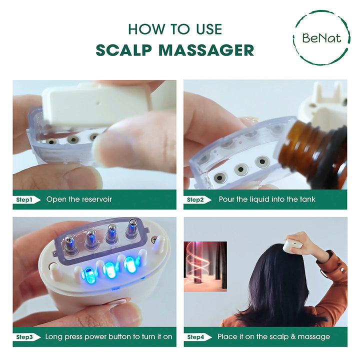 Electric scalp massager showing reservoir opening and dispensing nozzle tips on skin
