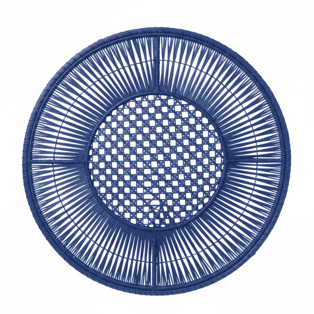 Round handwoven iraca placemat in deep purple with open lattice center and edge ring