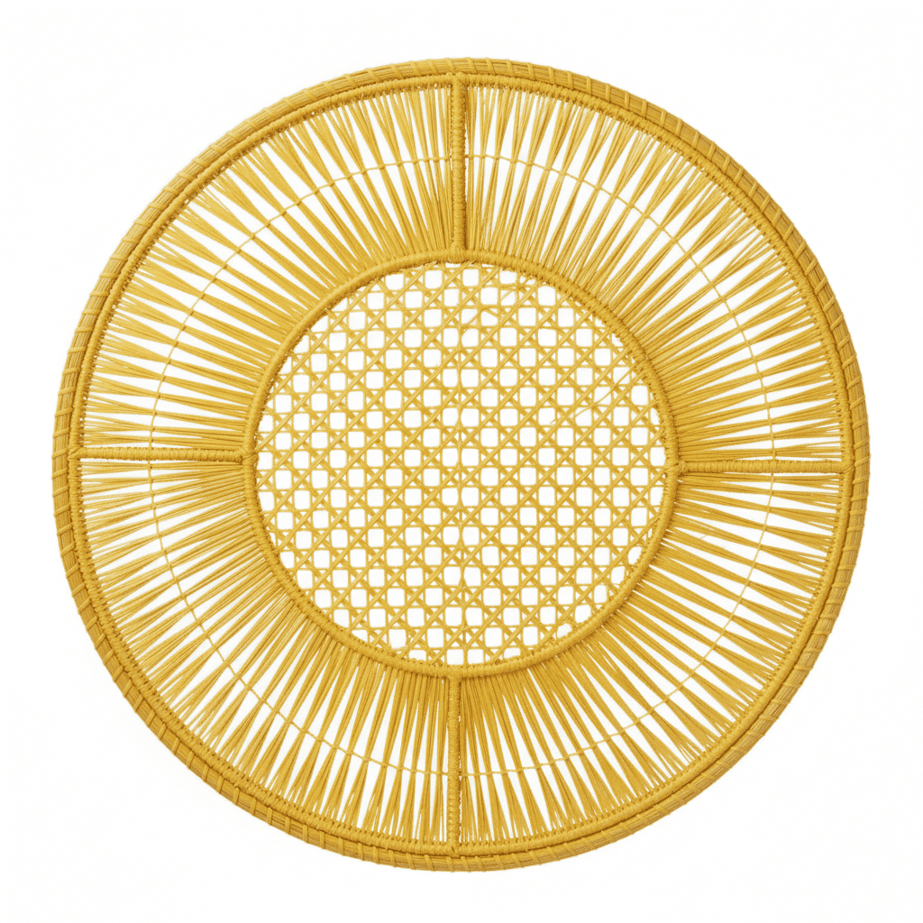 Round handwoven iraca placemat in light tan with openwork lattice center and spokes