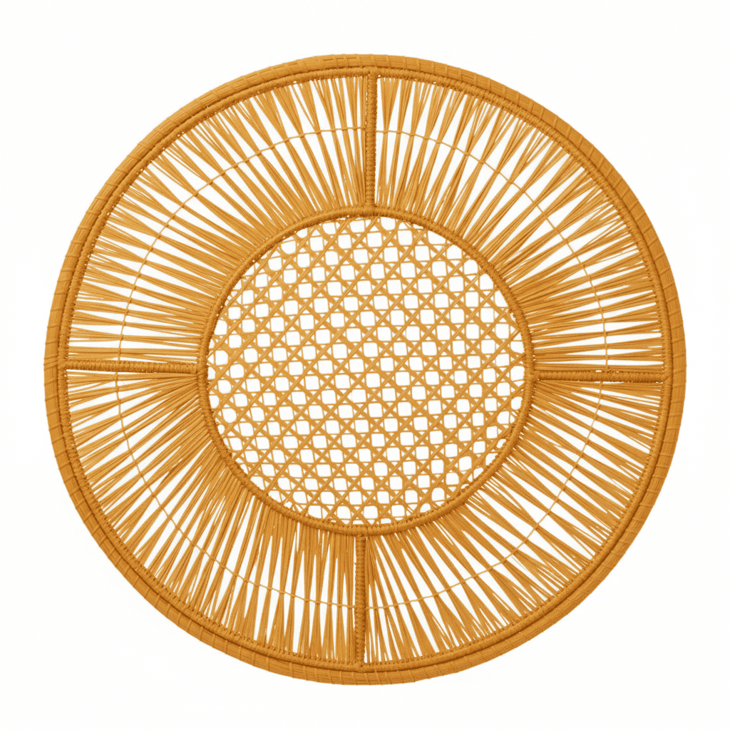 Round handwoven iraca placemat in sage green with open lattice center and woven spokes