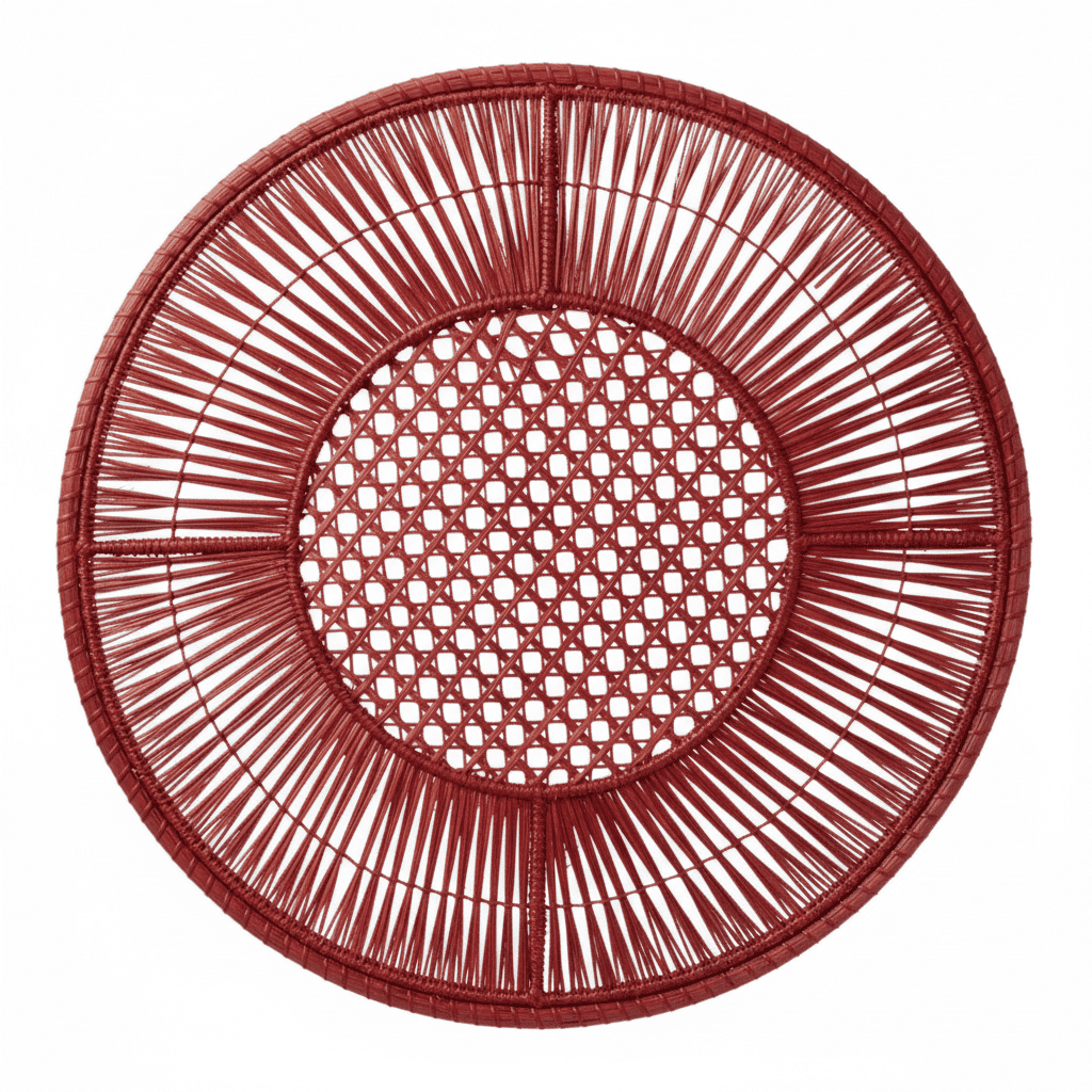 Round handwoven iraca placemat in blush pink with openwork lattice center