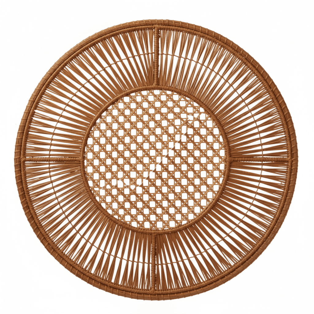Round handwoven iraca placemat in light purple with open lattice center and border