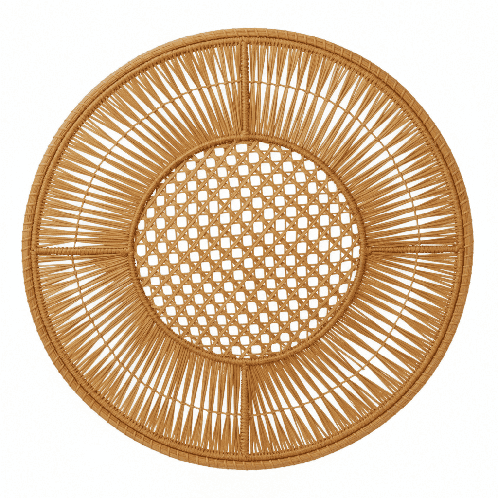 Round handwoven iraca placemat in dark green with concentric woven pattern