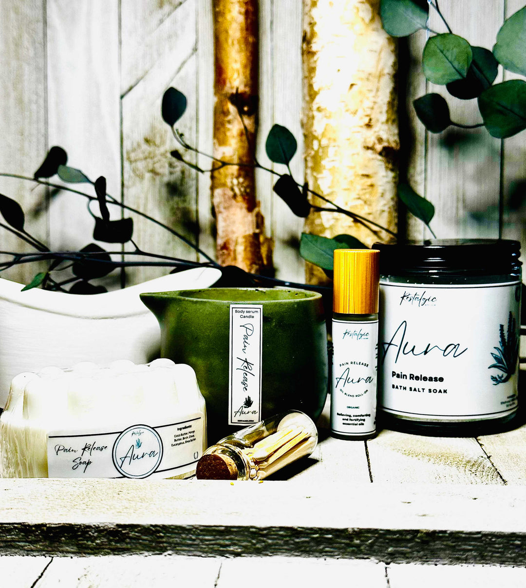 Pain-relieving bath kit with green jar, spray bottle, and roll-on bottles
