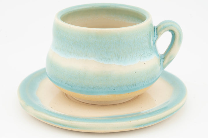 Ceramic espresso cup and saucer set, light blue glaze with speckled finish
