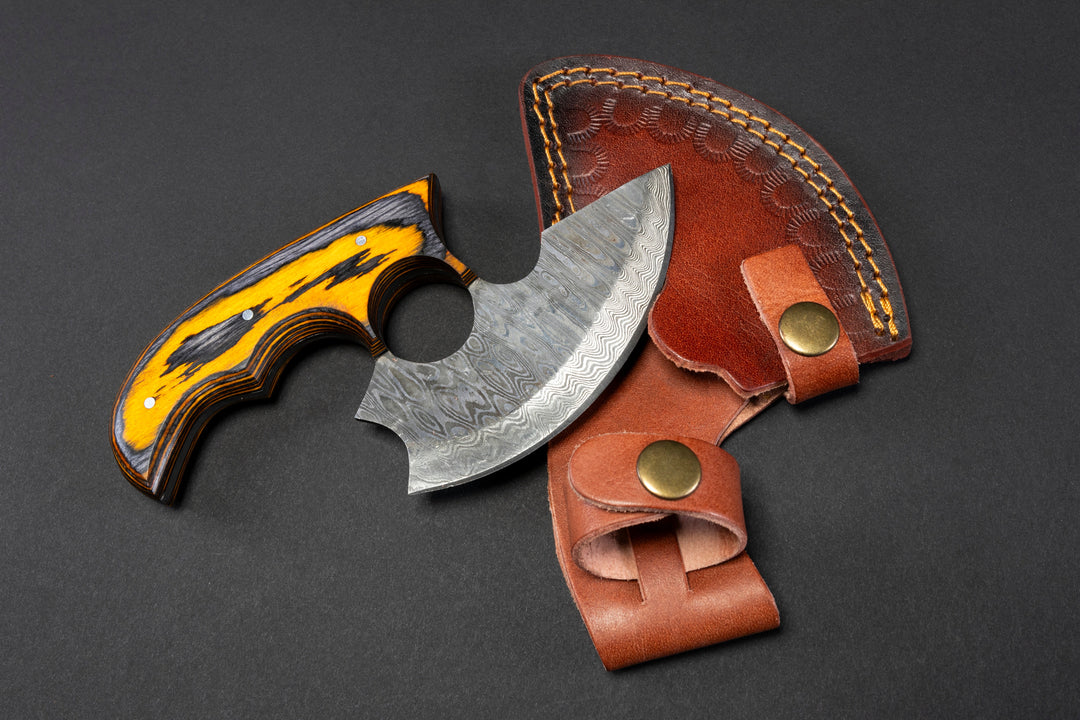 Pair of ulu-style knives with damascus blades and brown leather sheaths