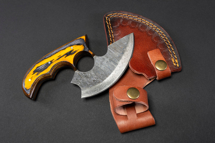 Pair of ulu-style knives with damascus blades and brown leather sheaths