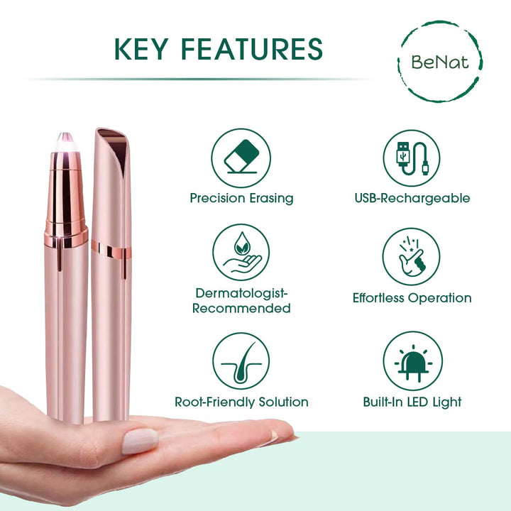 BeNAt key features image showing rose-pink facial grooming tools with LED and recharge