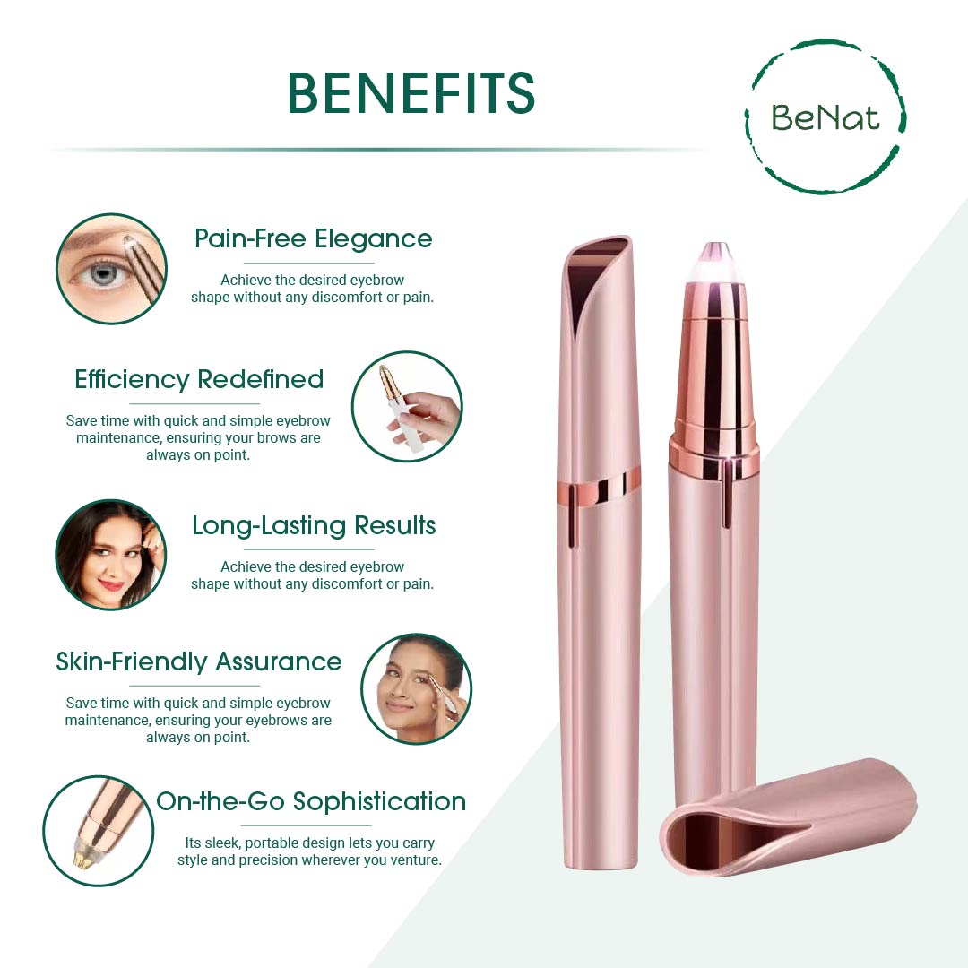 BeNAt benefits graphic with rose-pink facial hair remover and precision trimmer tools