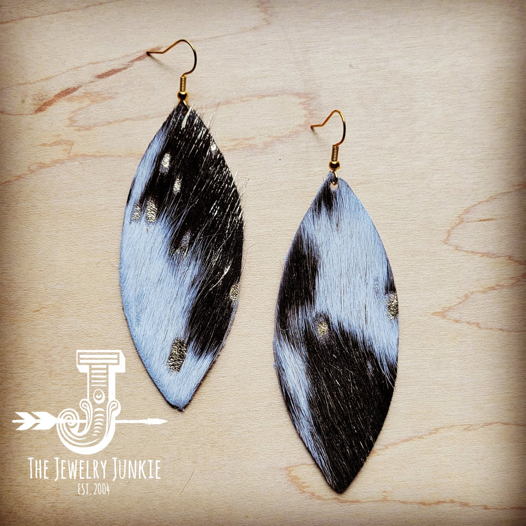 Hair-on-hide oval drop earrings with gold hooks, light-blue and black hide pattern