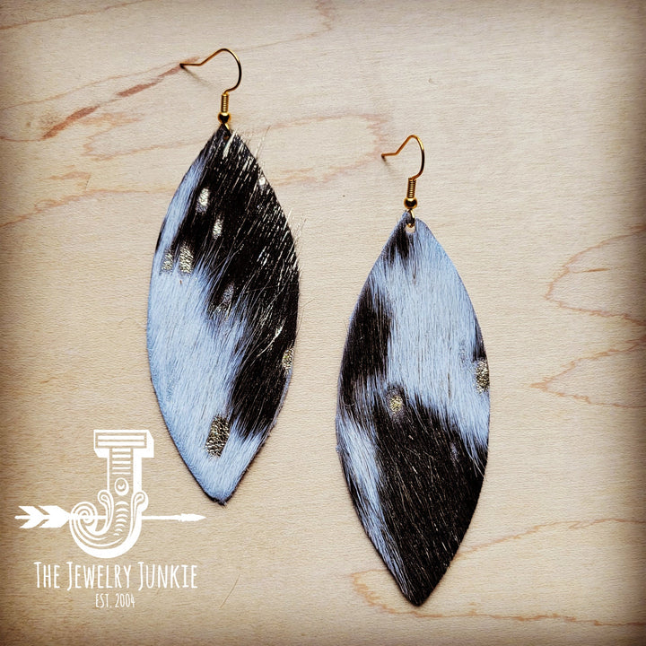 Hair-on-hide oval drop earrings with gold hooks, light-blue and black hide pattern