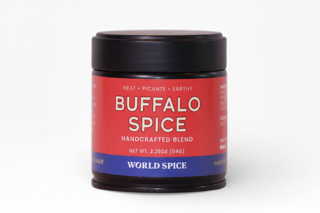 Buffalo spice jar with black lid and red label, handcrafted world spice blend