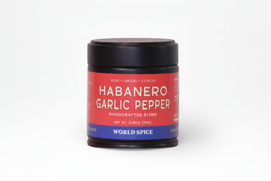 Habanero Garlic Pepper spice jar with black lid and red-blue label