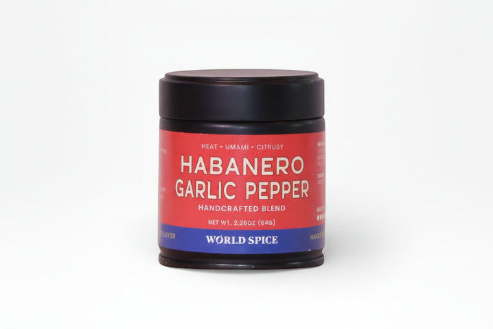 Habanero Garlic Pepper spice jar with black lid and red-blue label