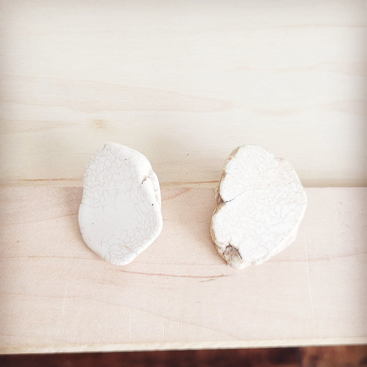 White marble-look slab earring studs, textured white stone faces