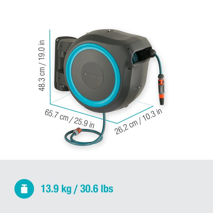 Wall-mounted hose reel with blue-rimmed face, black housing, and size markings