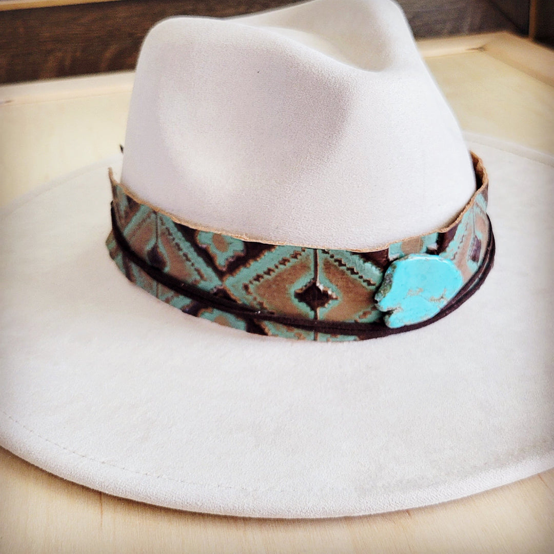 White felt cowboy hat with turquoise leather band and turquoise concho detail