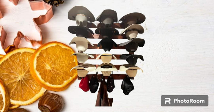Wall-hanging hat organizer with multiple hooks, black and light wood cups