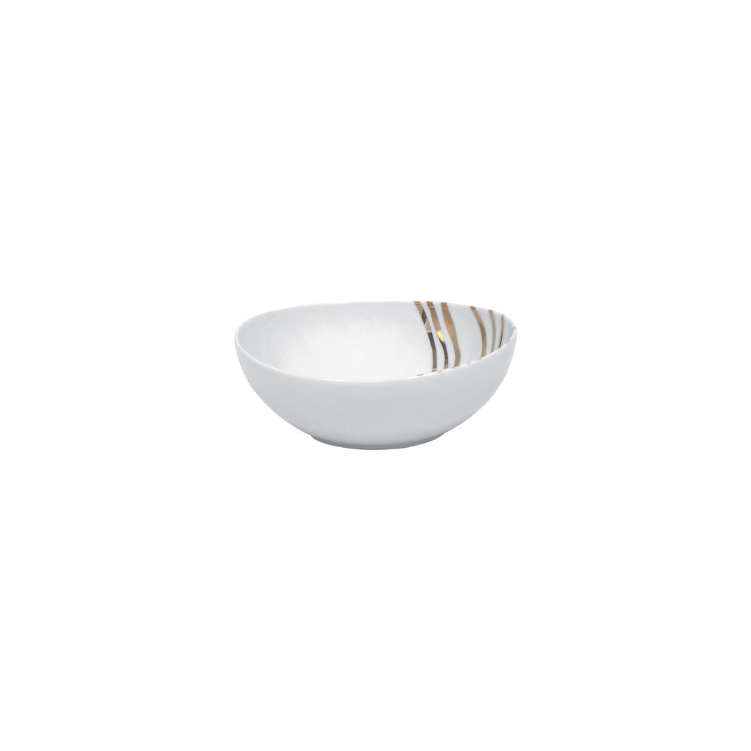 White ceramic cereal bowl with gold swirl trim on rim