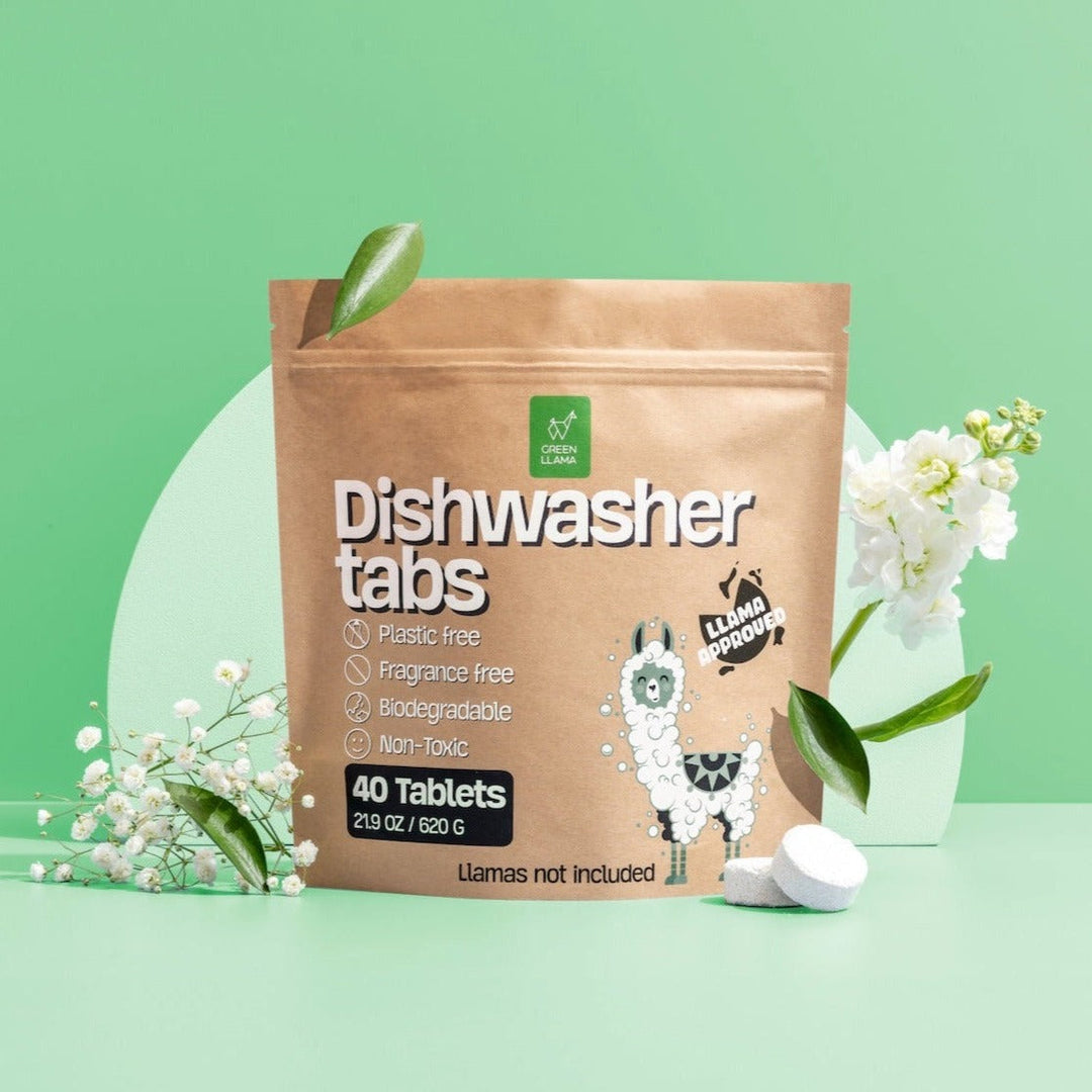 Dishwasher tabs pouch with plant leaf top and eco symbols, 40 tablets