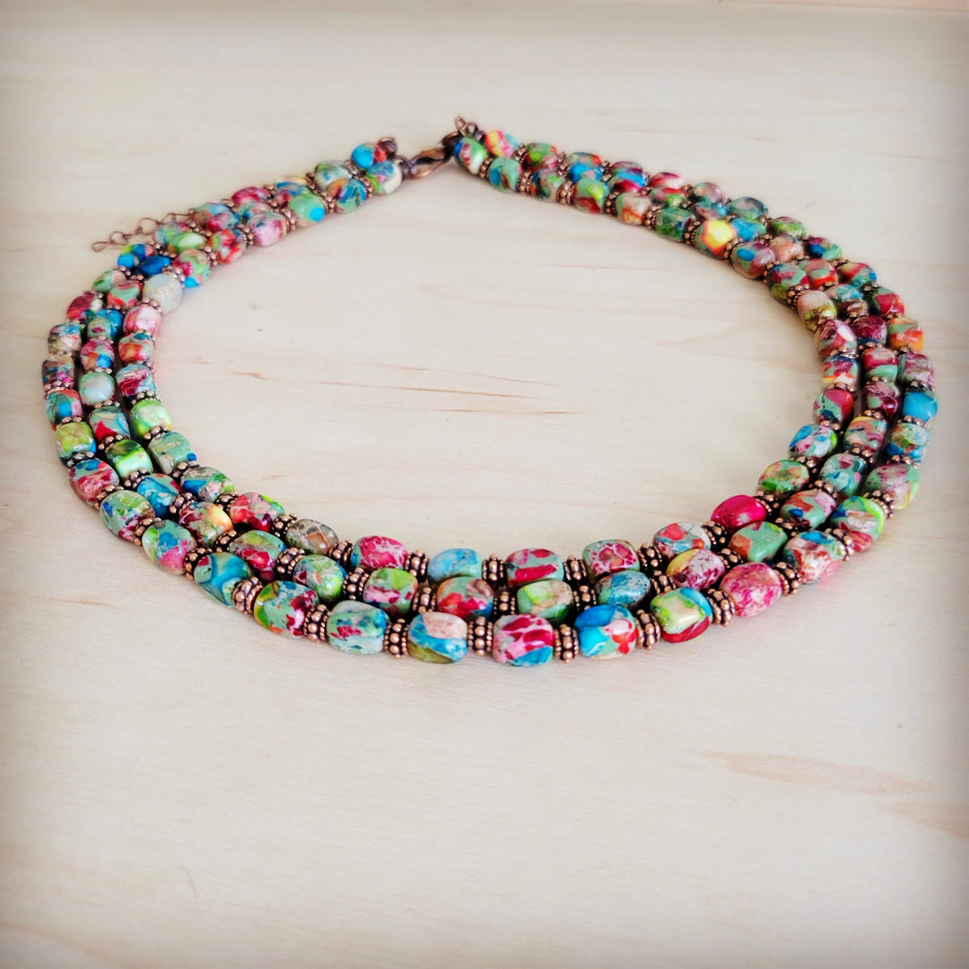 Triple-strand beaded boho necklace with multicolor cube beads and barrel clasp