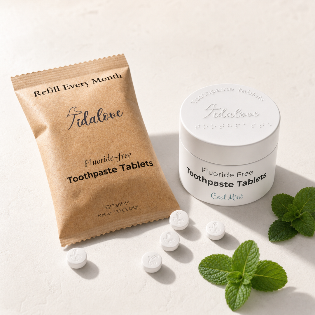 Fluoride-free cool mint toothpaste tablet tin and refill pouch with loose tablets