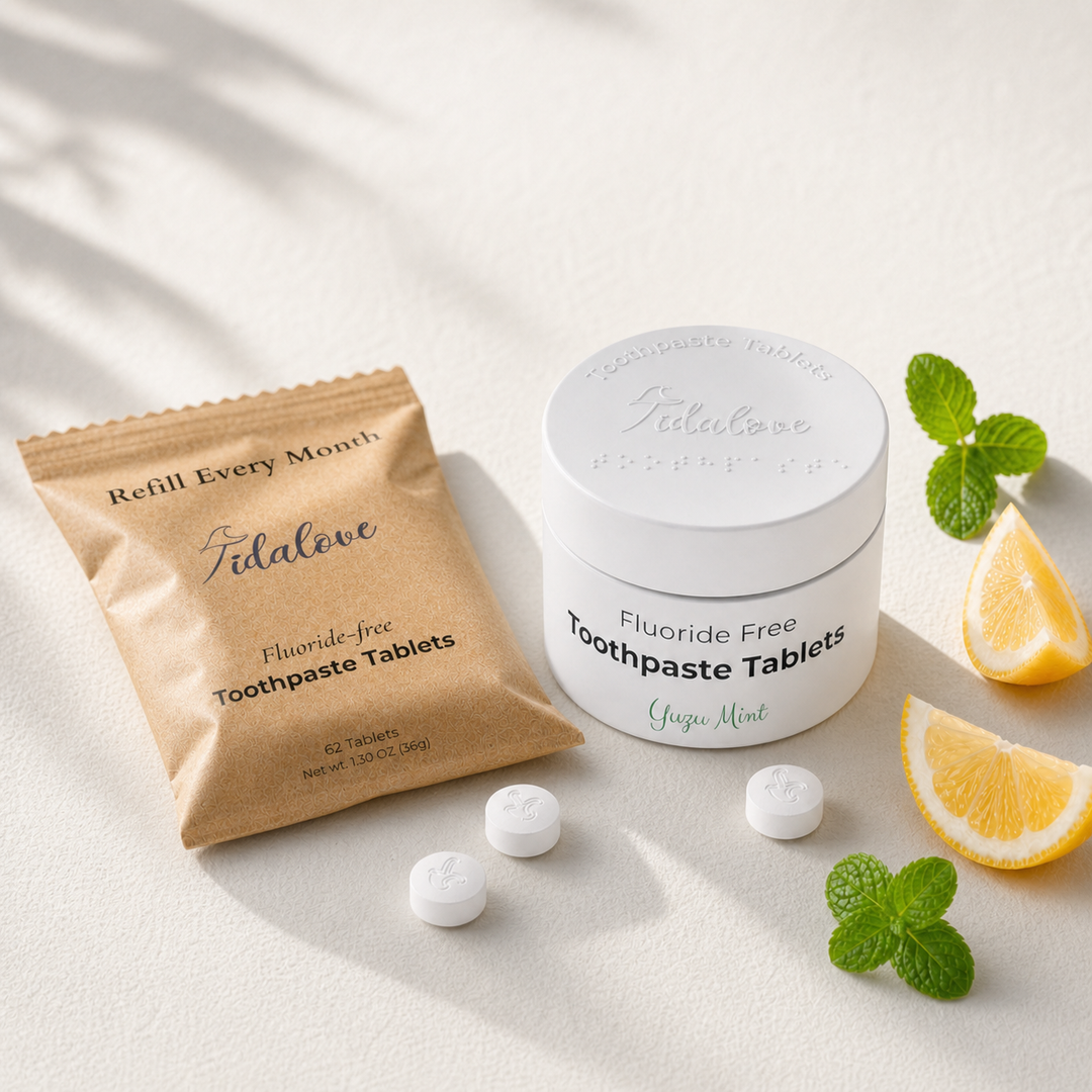Fluoride-free yuzu mint toothpaste tablets refill pouch, tin, and small tablets